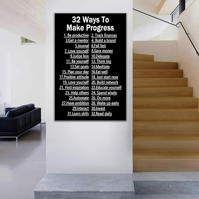 Inspirational Quotes Wall Art Home Decor Motivational 32 Ways To Make Progress Positive Poster Printed on Canvas Painting for Men Classroom Workplace Hallway Artwork Ready to Hang [24''Wx36''H]