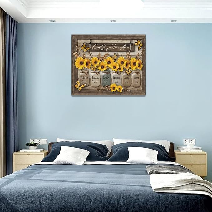 Christian Sunflower Wall Art Rustic Sunflower Butterfly Pictures Wall Decor Country Bible Verse Canvas Painting Modern Home Artwork Decoration for Bathroom Living Room Bedroom Office Framed 20"x16"