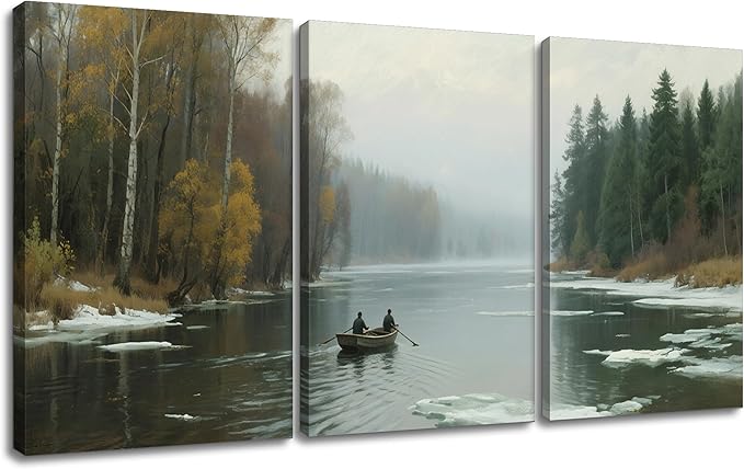 Mountain Scenery Wall Art Boat and River Landscape Canvas Poster Print Winter Natural Vintage Picture Painting Wooden Framed for Modern Home Hotel Wall Decoration Stretched and Framed [72''Wx36''H]