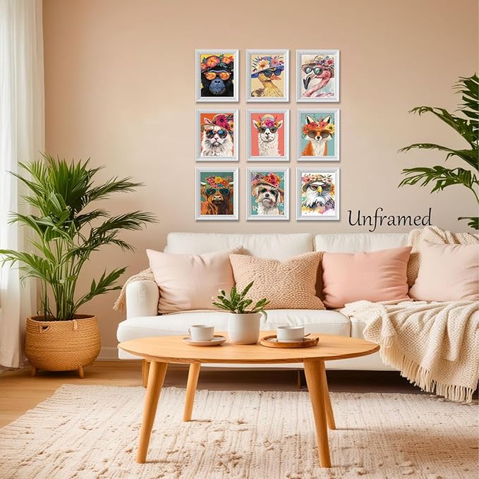 Funny Animal Nursery Wall Art Set of 9, Cute Colorful Animal Posters Painting Wall Decoration, Preppy Canvas Print Artwork for Kids Room Bedroom Playroom baby room Home Decor 8x10in Unframed