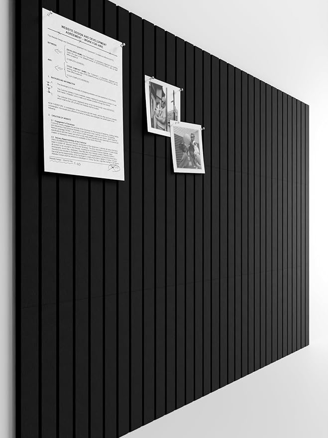 Bumusty Large Cork Board Alternative-48 x 36" Felt Bulletin Board Tiles, with 30 Pushpins, 70 Adhesive Tabs, 12-Pack Slat Wall Paneling, Cork Boards for Office Push Pin Board Felt Board-Black