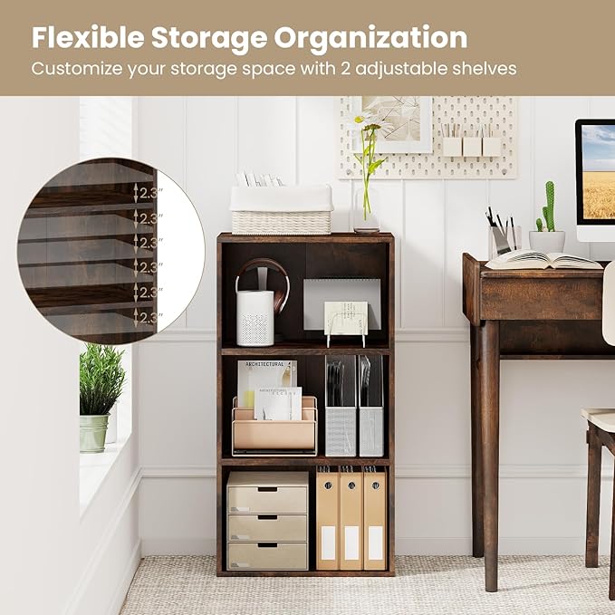 Giantex 3 Shelf Bookcase, Book Shelves Cube Storage Organizer, Open Storage Cabinet Multi-Functional Home Office Bedroom Furniture Display Bookcases, Rustic Brown