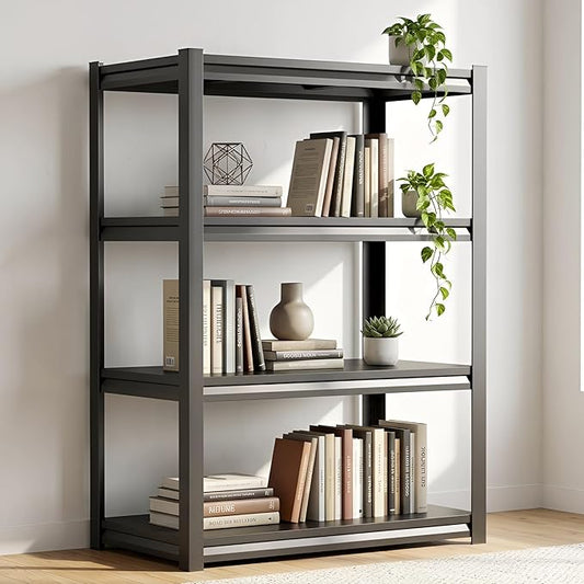 4 Tier Metal Bookshelf, Industrial Bookcase with Sturdy Steel Frame & Office Shelves, 1200LBS Display Shelving, Adjustable Utility Shelf Organizer for Living Room, Bedroom, Easy Assembly, Black