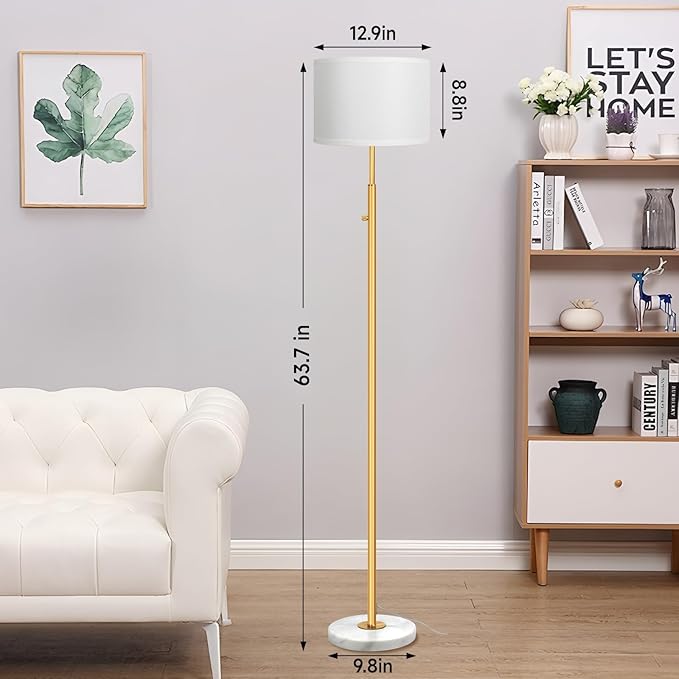 Gold Marble Floor Lamp, Dimmable Tall Standing Lamp with White Linen Shade, 63.7" Modern Gold Floor Lamp for Living Room Bedroom Office, 9W LED Bulb Included