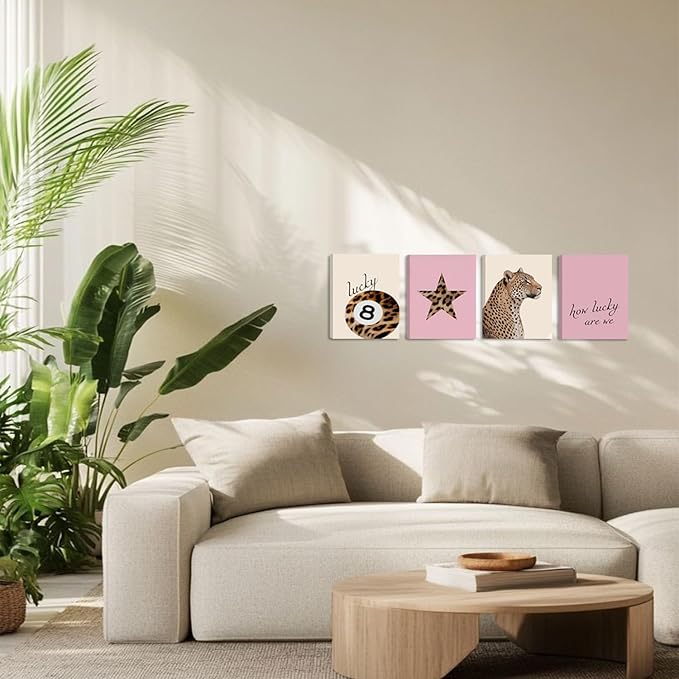 SEHSUVC Pink Lucky Leopard Wall Art Set of 4, Vintage Y2K Preppy Aesthetic Canvas Prints, Lucky 8 Ball Star and Quote Trendy Fashion Wall Decor for Bedroom Dorm Bathroom Home Decor 8x10in Framed