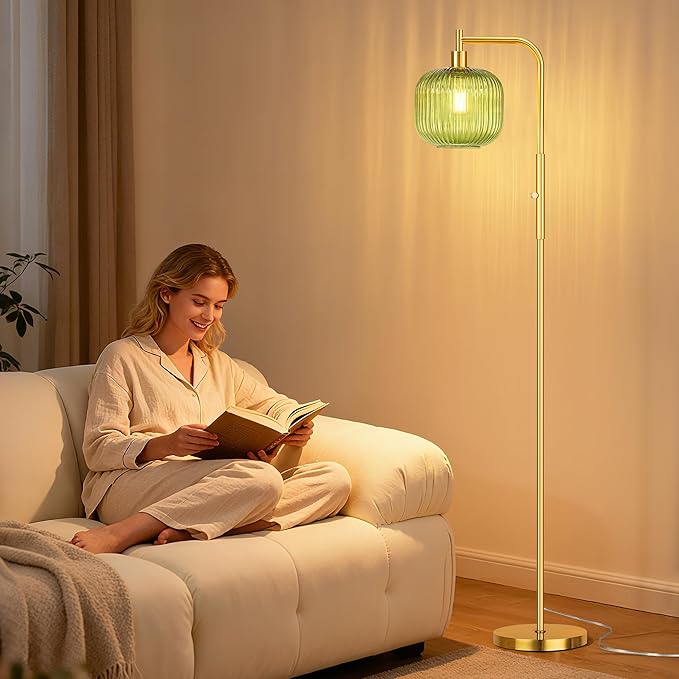 QiMH Glass Floor Lamp for Living Room, Modern Standing Lamp with Green Ribbed Glass Lampshade, Stepless Dimmable Rotary Switch, 67” Tall Lamp for Bedroom Home Decor, Brushed Gold