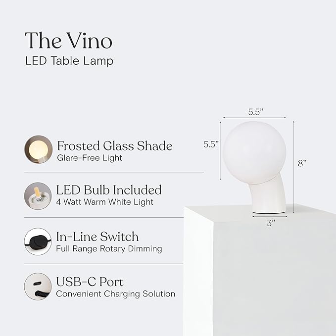 Brightech Vino LED Table Lamp - Small 8" Modern Dimmable Metal Lamp with USB-C Charging, Frosted Glass Globe Shade - Warm White Accent Light for Bedroom, Living Room, Bedside, Nightstand - Cream