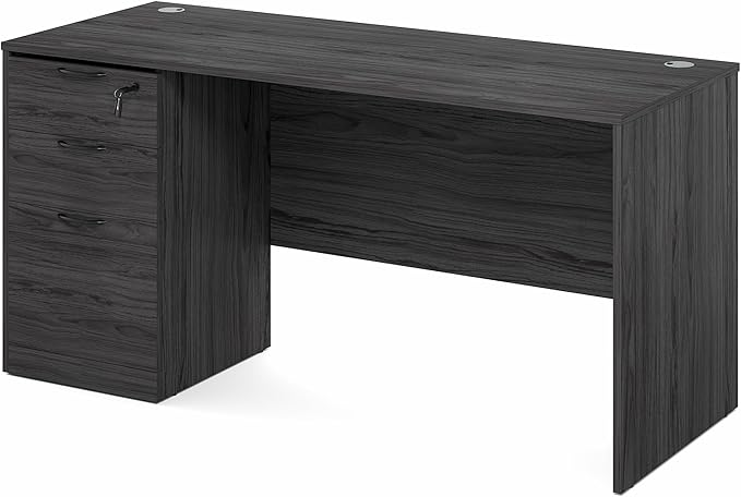 Furinno Roger 60 Inch Executive Desk with File Cabinet, Home Office Desk with 3-Drawer Fixed Pedestal Filing Cabinet, Desk Cord Grommet, for Home Office, Coastal Grey