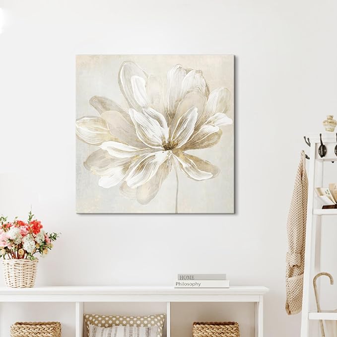 SEVEN WALL ARTS White Flower Wall Art Beige and Gold Blooming Flower Abstract Floral Artwork Print Poster for Living Room Bedroom Bathroom Home Office Wall Decor 24"x24"