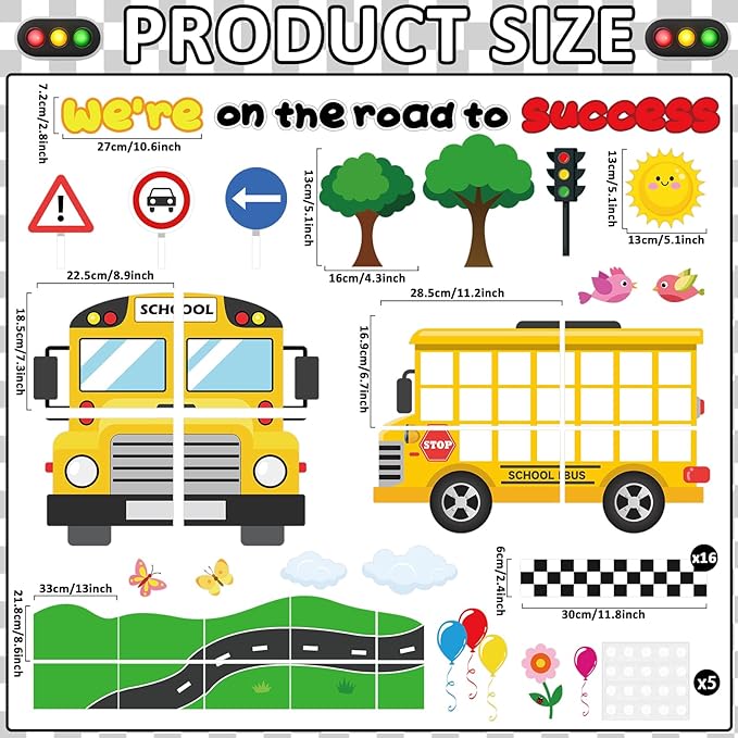 gisgfim Back to School Bulletin Board Classroom Decoration School Bus Cutouts We' re On The Road to Success Bulletin Board for Classroom Back to School Door Chalkboard Nursery Wall Decor Supplies