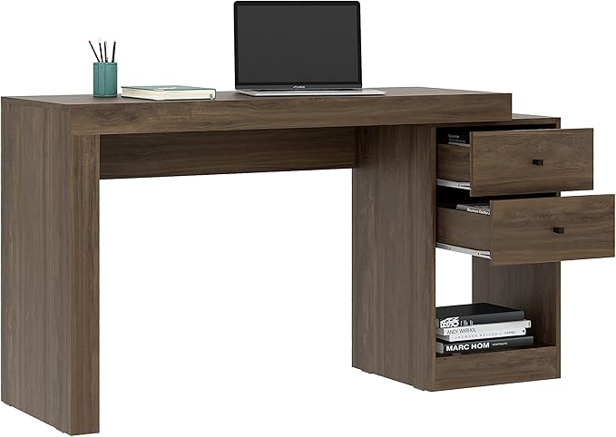Expandable Desk with Storage Drawers & Open Shelf - Expands from 47 Inch to 57 Inch - Walnut Computer Desk with Printer Space - Modern Home Office Table with Drawers - Techni Mobili Blanco Collection