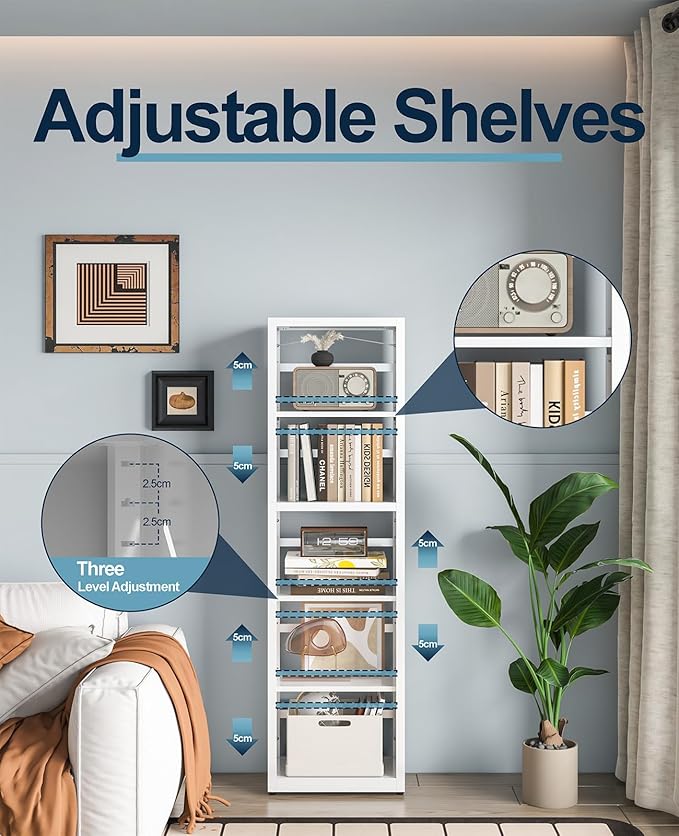 5-Tier Metal Bookshelf, Adjustable Bookcase with Anti-Tip Kit & Leveling Feet, Heavy-Duty Metal Storage Organizer, Modern Corner Shelves for Kitchen, Garage, Home Office