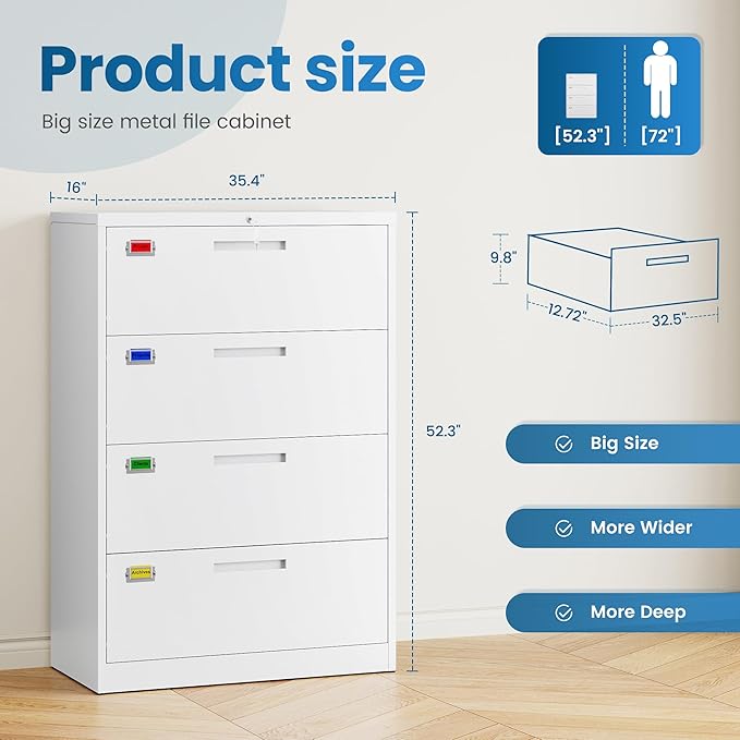 4 Drawer File Cabinet, Lateral Filing Cabinets for Home Office, Office Storage Drawers with Lock, Hanging Files Legal/Letter A4 Size (Assemble Required,White)