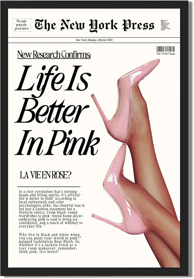 Trendy Baby Pink Hot Girl Poster Life Is Better In Pink Newspaper Wall Art Retro High Heel Picture 70s News Headline Canvas Prints Aesthetic Decor for Girly Bedroom Dorm 12x16inch Black Framed