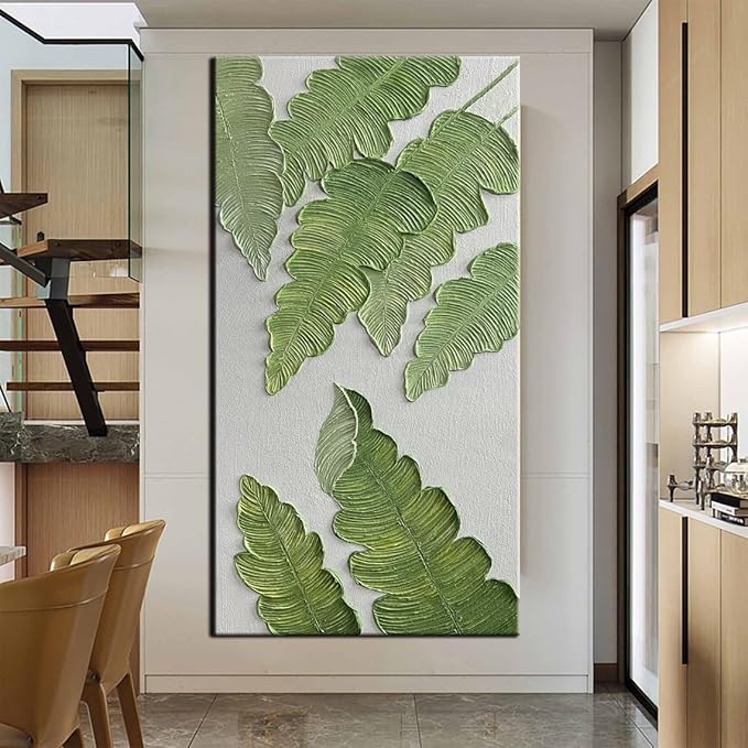 YaSheng Art- large Vertical Wall Art Oil Paintings ,Handmade 3D Textured Wall Art Green Large leaf plant Artwork paintings ,Modern Minimalist Abstract Wall Art painting, Wall Art for living room Bedroom Wall Deco Home, Framed Wall Art Pictures 30x60inch
