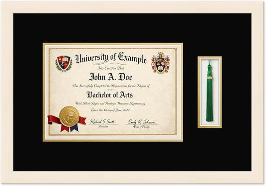 CountryArtHouse Diploma and Tassel Frame Fits 11.69 x 8.27 A4 Certificate with Tassel H Coastal Whitewash Genuine Hardwood Shadowbox with Black Over Metallic Gold Double mat