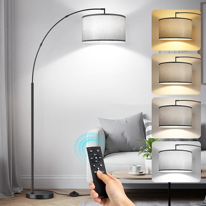 OUTON 81" Arc Floor Lamp, 12W 1080LM LED Dimmable Floor Lamp with 16" Gray Lampshade, Remote Control & Foot Switch, 4 Colour Temperatures, Tall Standing Lamp for Living Room Bedroom Office, Black