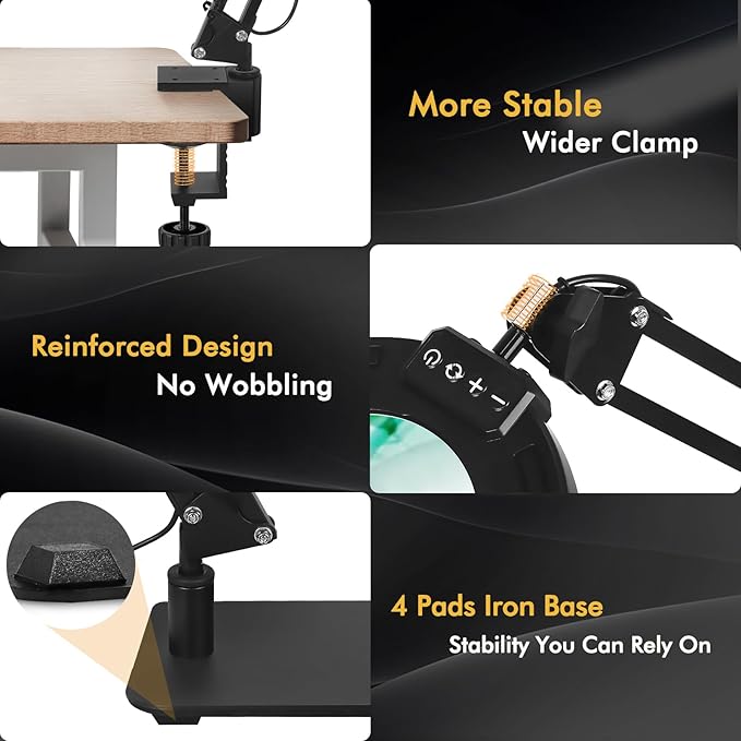 Magnifying Glass with Light and Stand 12X 20X Desktop Magnifier Desk Lamp Close Work Up for Table Crafting, Reading, Sewing, Soldering, Easy Use 5 Color Modes Head Controller, 2 in 1 Stable Base Clamp