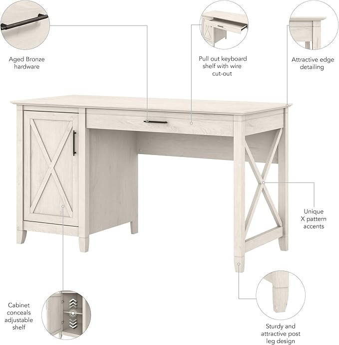 Bush Home Key West Computer Desk with Storage | Farmhouse PC Table for Home Office in Linen White Oak | 54W x 24D