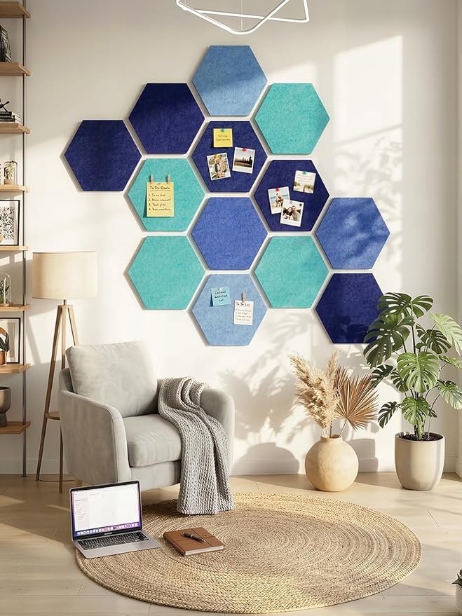 8 Pack Hexagon Felt Bulletin Board Tiles - 11.8" Large Thick Pin Board for Walls with 30 Push Pins, DIY Boards for Office Home School Decor, Aesthetic Hex Cork Board Alternative