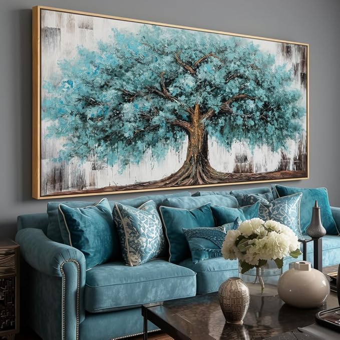 Wall Art Tree of Life Abstract Modern Artwork Blue Teal Tree Canvas Painting for Bedroom Living Room Office Large Decor 24"x48" with Framed