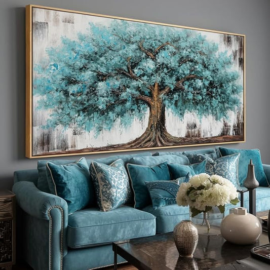 Wall Art Tree of Life Abstract Modern Artwork Blue Teal Tree Canvas Painting for Bedroom Living Room Office Large Decor 60X30in with Framed