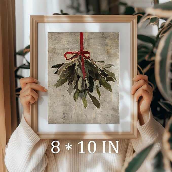 uniro Vintage Christmas Mistletoe Print Artwork Painting Winter Farmhouse Holiday Wall Decor for Bedroom, Living Room, Gallery, winter Room Decor, Holiday Decoration Gifts (8" x 10" - UNFRAMED)