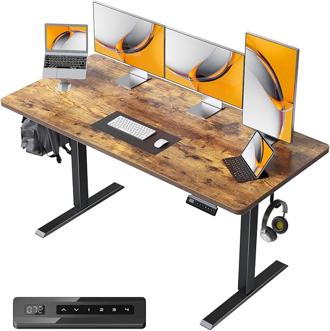 CubiCubi 55 x 24 Large One-Piece Standing Desk, Adjustable Height Electric Computer Home Office Sit Stand up Workstation, with 4 Memory Presets, Headphone Hook, Rustic Brown