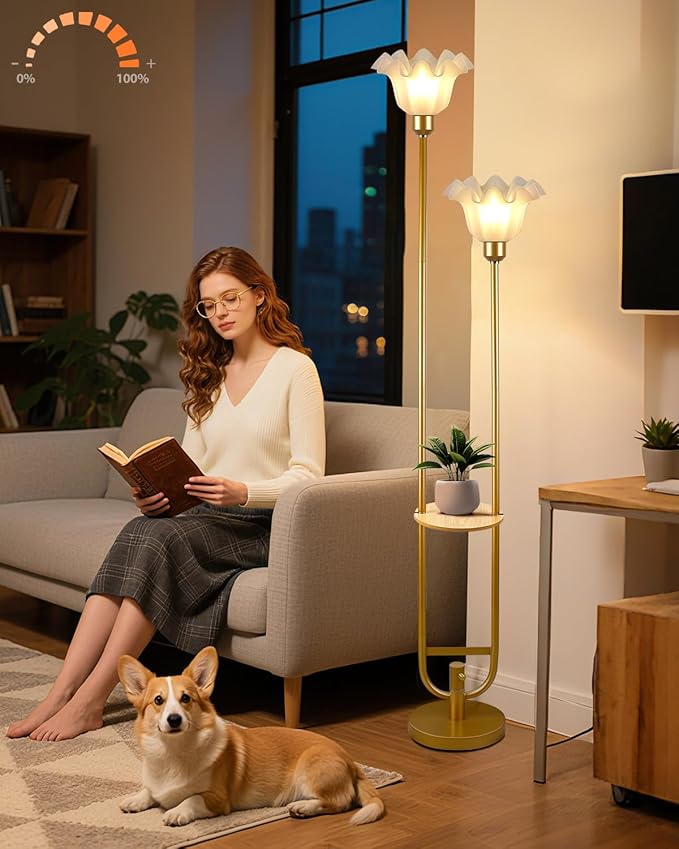 Lightdot Dimmable Flower Floor Lamp for Living Room, Modern Mid Century Floor Lamp with Table, Gold Tall Standing Lamp for Bedroom/Sofa Beside/Corner Decor(Bulb Included)
