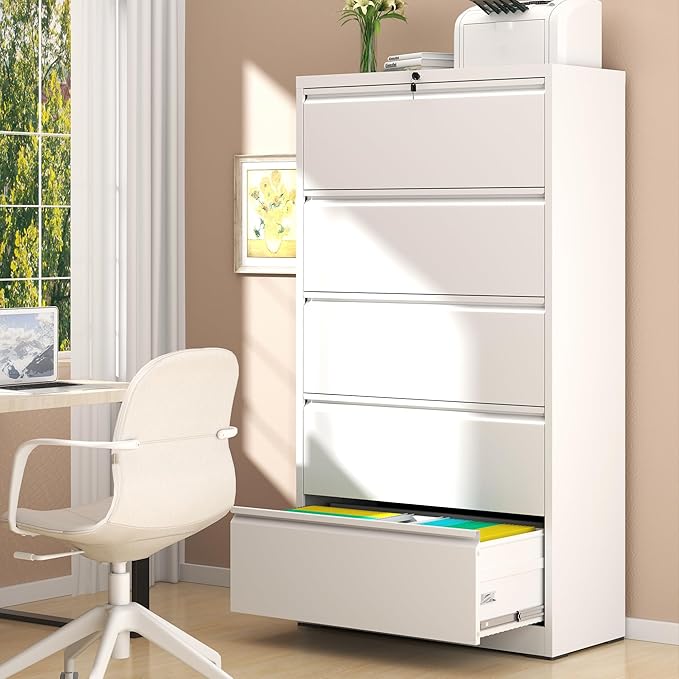 File Cabinet with Lock, 5 Drawer Lateral Filing Cabinet for Home Office, Metal Heavy Duty File Cabinets for Hanging Letter/Legal/F4/A4 Size Files, Assembly Required (White)
