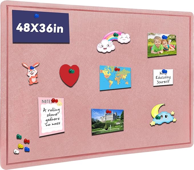 Large Bulletin Board - 48 X 36 inches Decorative Felt Pin Board - 4' x 3' Cork Board Alternative for Wall - Foldable Photo Board Self-Adhesive Vision Board Prayer Board with 30 Pushpins - Pink