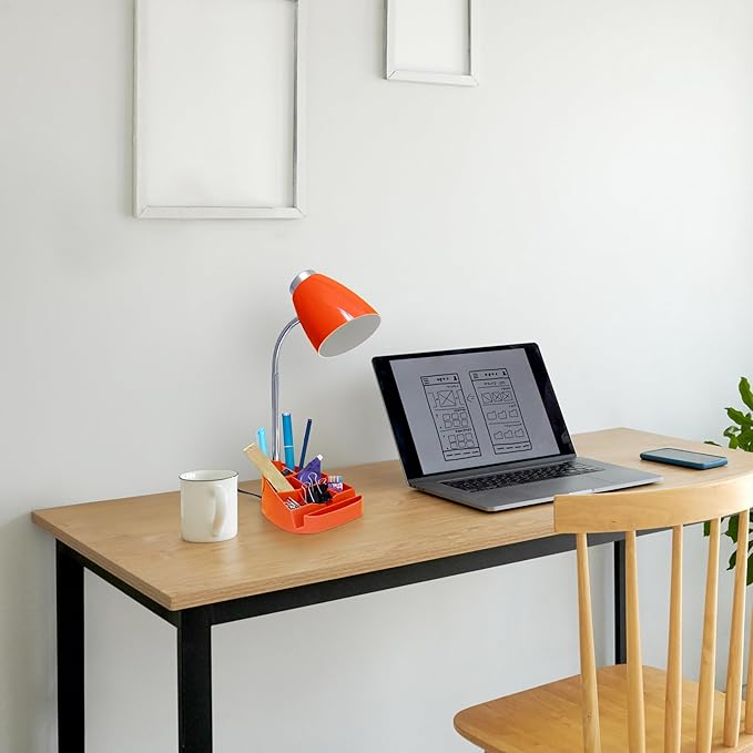 Simple Designs LD1067-ORG Compartmental Desk Lamp with iPhone/iPad/Tablet Stand, Bendable Gooseneck, for Office, Living Room, Nightstand, Library, Entryway, Orange