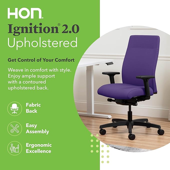HON Ignition 2.0 Fabric Office Chair, Upholstered, Adjustable Arms, Advanced Synchro-Tilt Recline Executive Ergonomic Office Chair, Black Frame, Iris