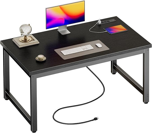 Huuger 48 x 24 inch Desk with Power Outlets & USB-C, Deeper & Thicker Desktop, Robust Metal Tubes, Computer Desk, Heavy Duty Office Desk, Work Gaming Desk for Home Office, Black