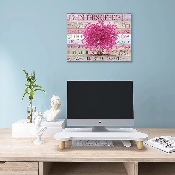 WOWGOOMO Pink Motivational Wall Art for Women Positive Sayings In This Office We Are A Team Flower Tree Picture Poster Modern Entrepreneur Wall Art Home Office Workspace Decoration Framed 12x16 Inch