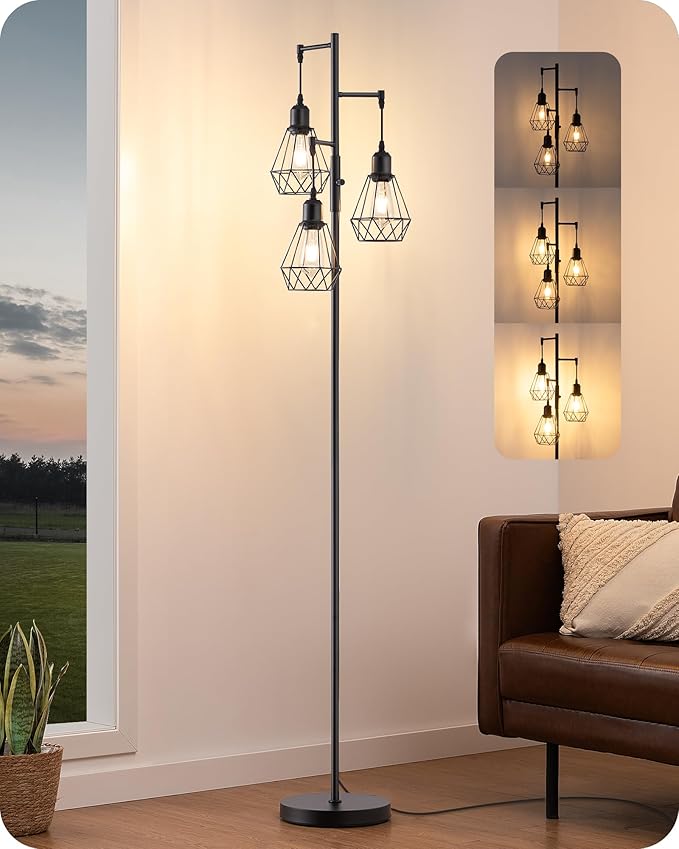 EDISHINE 70IN Farmhouse Floor Lamps for Living Room, Dimmable Industrial Tall Standing Lamps 3 LED Edison Bulbs Included, Diamond-Shaped Cage, Rustic Tree Corner Light for Bedroom, Office, Black