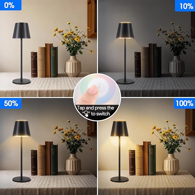 Energetic RGBW Cordless Table Lamp, LED Touch Desk Lamp Battery Powered, Dimmable, Type-C Charger, 3000K, for Restaurant/Bedroom/Bars/Party/Camping, Outdoor & Indoor, Water Resistance, Metal, 2 Pack