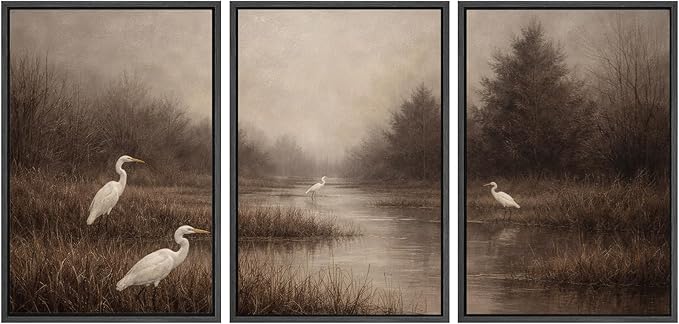 SIGNWIN Framed Canvas Print Wall Art Set Misty Marsh Herons Illustrations Decorative Relax/Calm Zen for Living Room, Bedroom, Office - 16"x24"x3 BLACK