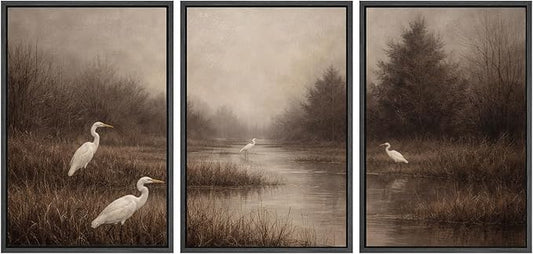 SIGNWIN Framed Canvas Print Wall Art Set Misty Marsh Herons Illustrations Decorative Relax/Calm Zen for Living Room, Bedroom, Office - 16"x24"x3 BLACK