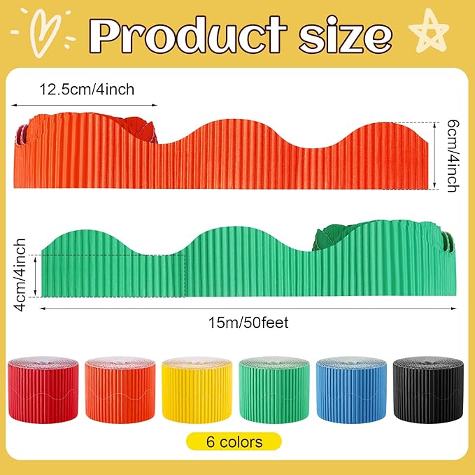Harloon 6 Pcs 300ft Bulletin Board Borders Bulk Classroom Scalloped Borders Poster Cork Bulletin Board Trim Decor for 100 Day of School Teacher Students Supplies, 6 Colors