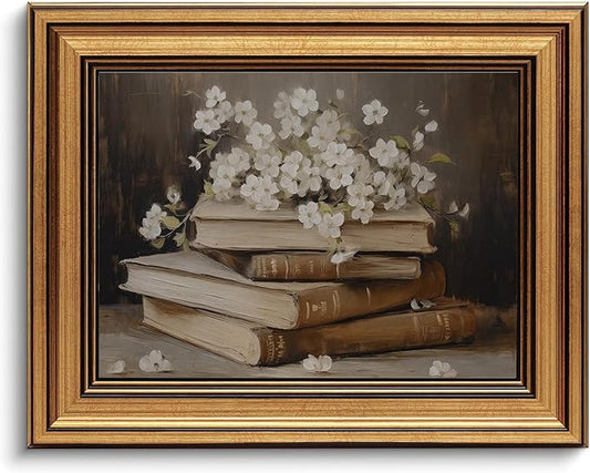 Gold Framed Wall Art Vintage Canvas Wall Art Moody Books and Flowers Dark Academia Decor Artwork Prints Picture for Living Room Bedroom Farmhouse Bathroom Office Decor, 8x10