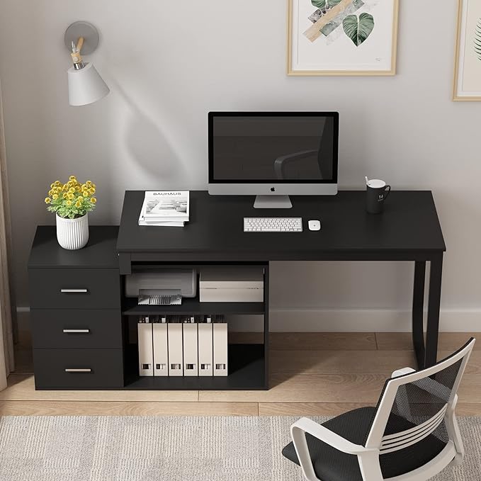 Homsee Home Office Computer Desk Corner Desk with 3 Drawers and 2 Shelves, 55 Inch Large L-Shaped Study Writing Table with Storage Cabinet - Black