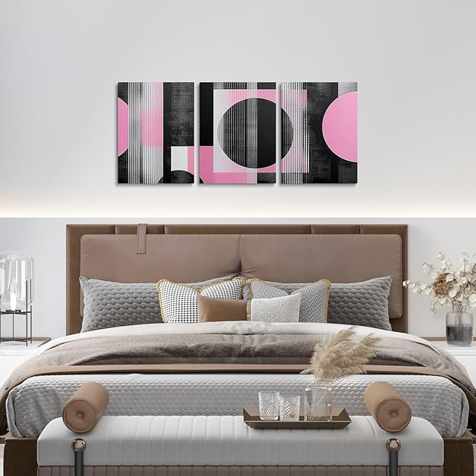 jejeloiu 12"x16"x3pcs Office Decorations Artwork Posters Pink Modern Geometric 3 Piece Canvas Wall Art for Living Room Bedroom Abstract Art Picture Wall Decor