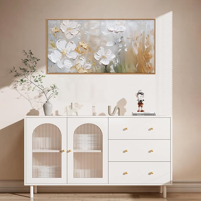 HPNIUB Large White Flower Framed Wall Art Modern White and Gold Floral Canvas Oil Painting Nature Botanical Wall Decor Abstract Aesthetic Artwork for Living Room Bedroom Decor -20"x40"