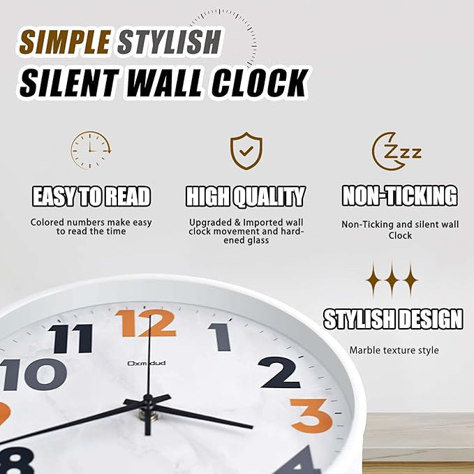 Wall Clock, 10'' Easy to Read Silent Non-Ticking Modern Wall Clocks for Bedroom, Living Room, Kitchen, Office, School Home Decor, Gifts for Christmas Birthday (White)