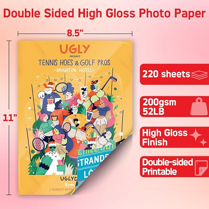 220 Sheets Double Side High Glossy Photo Paper 8.5x11 Inches 54lbs for Inkjet Printers and Dye Ink 200Gsm Suitable for Inkjet Printing Printer