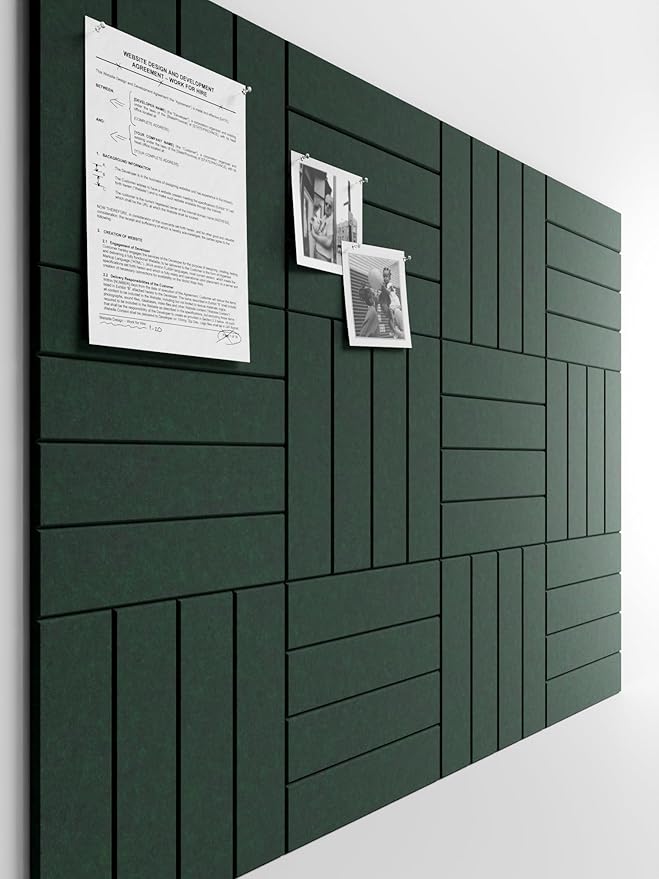 Bumusty Large Cork Board Alternative-48 x 36" Felt Bulletin Board Tiles, with 30 Pushpins, 70 Adhesive Tabs, 12-Pack Slat Wall Paneling, Cork Boards for Office Push Pin Board Felt Board-Pine Green