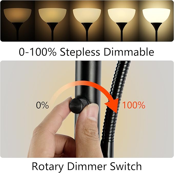 Floor Lamp, Dimmable Standing lamp, Stepless Dimming Brightness, Included 9W and 5W LED Bulbs, Industrial Floor Lamp for Living Room, Bedroom, Office, Reading