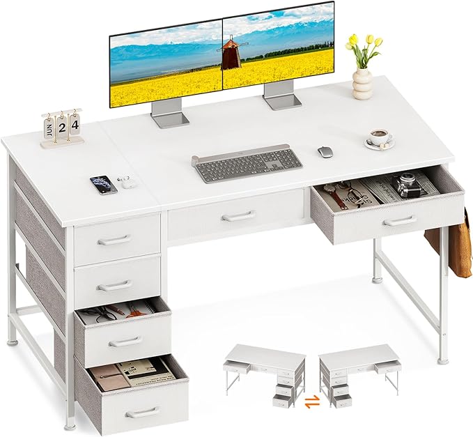 ODK Computer Desk with 6 Drawers, 48 Inch Office Desk with Storage, Reversible Desk with Headphone Hook for Home Office, Work Study Table Vanity for Bedroom, White