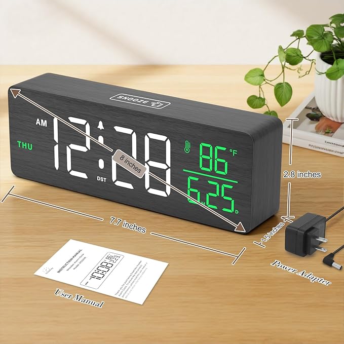 DreamSky Wooden Digital Alarm Clocks for Bedrooms – Large Display Desk Clock with Date & Day of Week for Living Room, Temperature, Dimmer, Adjustable Volume, Auto DST, Office Wood Décor (Plug-in)